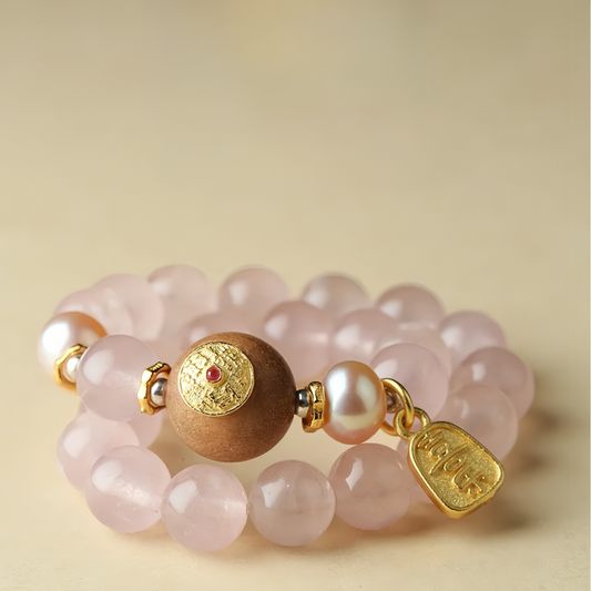 Love Attraction Rose Quartz Harmony Bracelet with Golden Fortune Charm 桃花戀 (Tao Hua Lian)